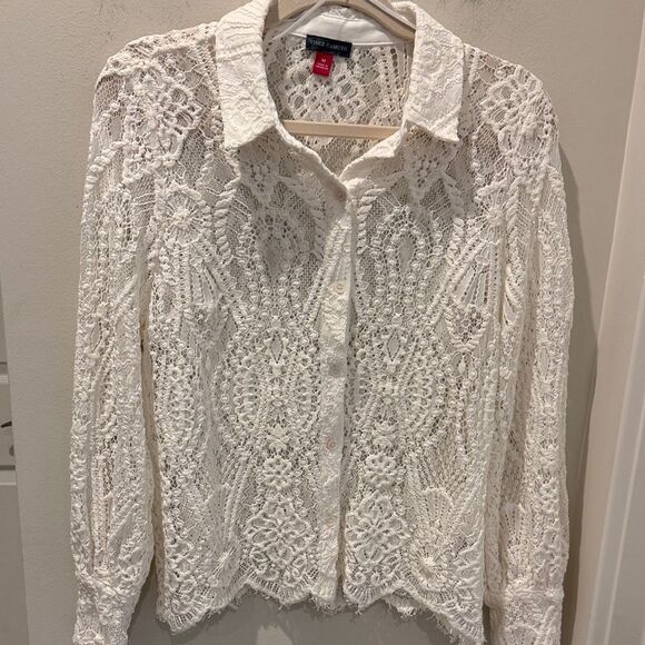 Vince Camuto Tops - Vince Camuto White Lace Button-Down Shirt with scalloped hemline size medium